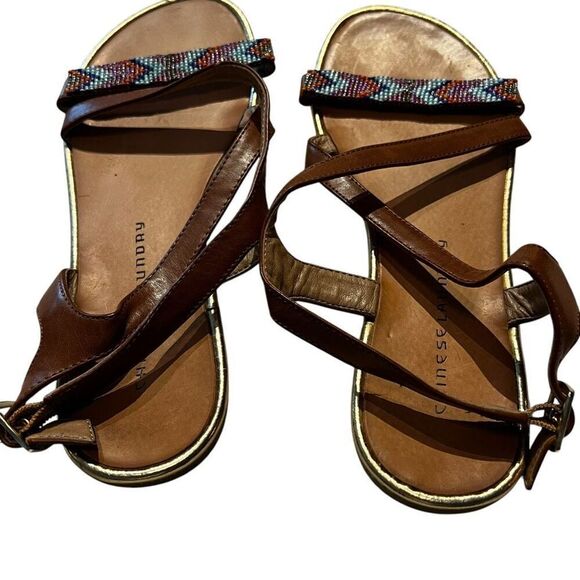 Chinese Laundry Womens Size 8.5 Beaded Toe Sandals Brown Ankle Strap Flats - Picture 2 of 7